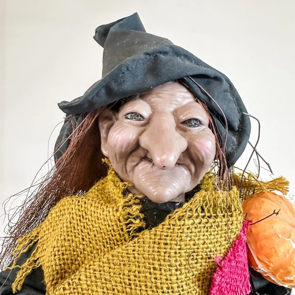 Vintage‎ Halloween Spooky Burlap Witch Figure w/ Broom & Pumpkin Decoration 16